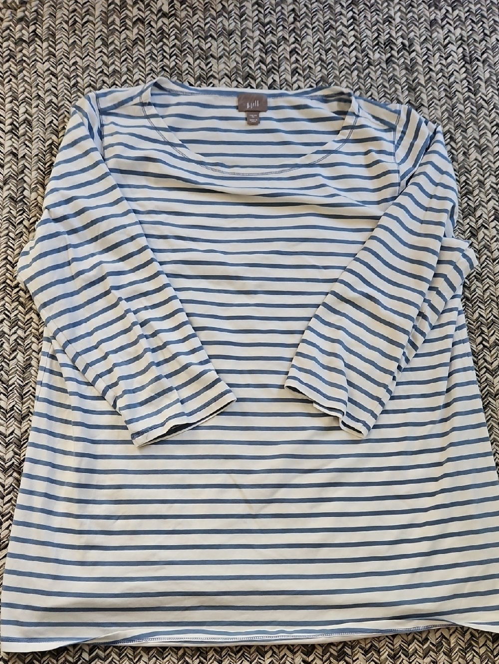 J Jill Women's White and Light Blue Striped Stretch Tee 3/4 Sleeve